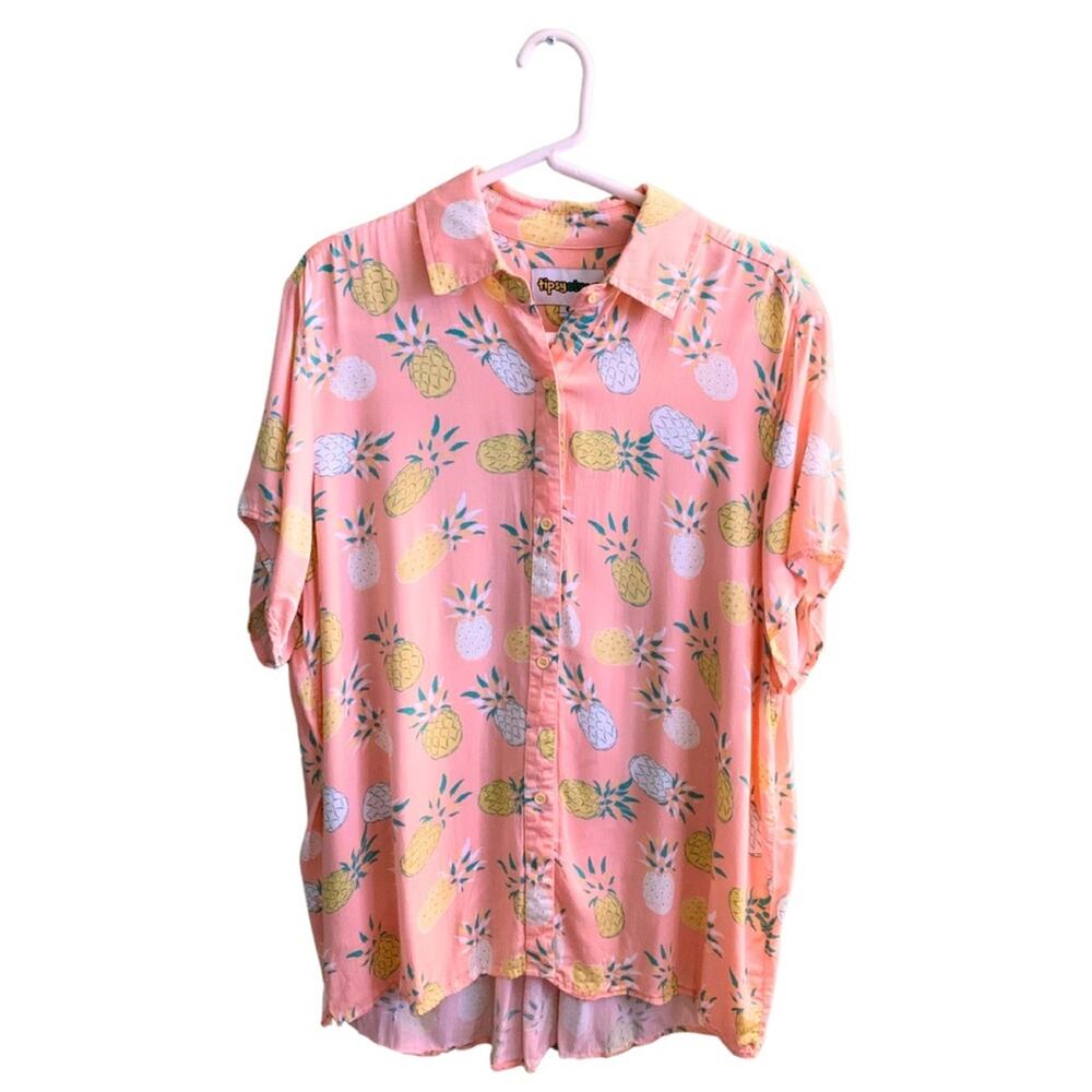 Tipsy Elves Short Sleeve Hawaiian Pineapple Print Shirt XL Tropical Peach Pink